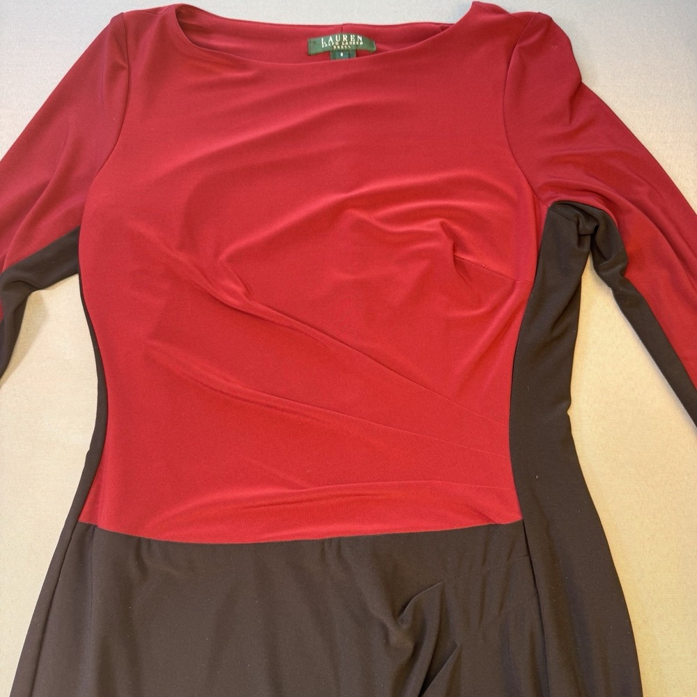 Lauren Ralph Lauren Dress Womens Size 6 Maroon Black Sheath Ruched Lined Stretch